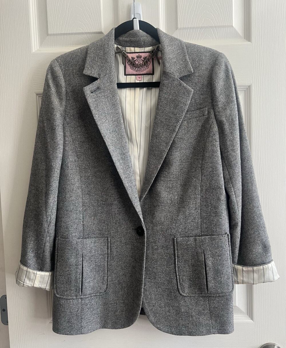 JUICY COUTURE Vintage Y2K Gray Tweed Silk Wool Blend Schoolboy Blazer Jacket M